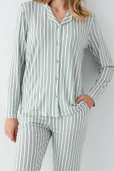 Kadın Açık Yeşil Gömlek Pijama Takım, Çizgili, %50 Pamuk %50 Modal - Thumbnail