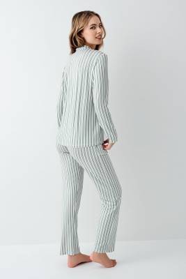 Kadın Açık Yeşil Gömlek Pijama Takım, Çizgili, %50 Pamuk %50 Modal - 4