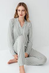 Kadın Açık Yeşil Gömlek Pijama Takım, Çizgili, %50 Pamuk %50 Modal