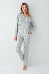 Kadın Açık Yeşil Gömlek Pijama Takım, Çizgili, %50 Pamuk %50 Modal (1)