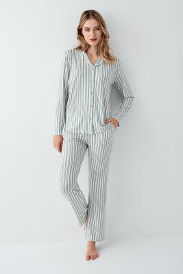 Kadın Açık Yeşil Gömlek Pijama Takım, Çizgili, %50 Pamuk %50 Modal - 2