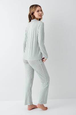 Kadın Açık Yeşil Gömlek Pijama Takım, Çizgili, %50 Pamuk %50 Modal - 4