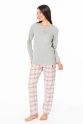 Kadın Alt Ekoseli Düğmeli Yakalı Pijama Takıkm - Thumbnail