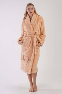 REN - Kadın Bej Süper Yumuşak Welwelsoft Sal Yaka Uzun Kol Uzun Sabahlık