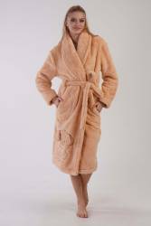 Kadın Bej Süper Yumuşak Welwelsoft Sal Yaka Uzun Kol Uzun Sabahlık - Thumbnail