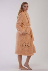 Kadın Bej Süper Yumuşak Welwelsoft Sal Yaka Uzun Kol Uzun Sabahlık - Thumbnail