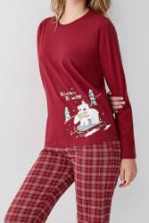 Kadın Bordo Pijama Takım, %100 Pamuk - Thumbnail