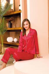 Kadın Bordo Puantiyeli Saten Düğmeli Gömlek Pijama Takım