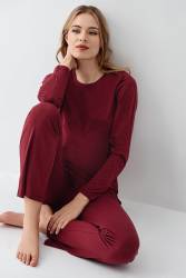 Kadın Bordo Uzunkol Pijama Takım, %50 Pamuk %50 Modal - Thumbnail