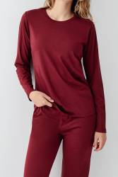 Kadın Bordo Uzunkol Pijama Takım, %50 Pamuk %50 Modal - Thumbnail