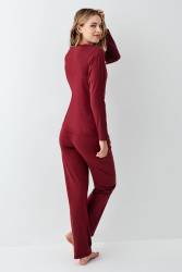 Kadın Bordo Uzunkol Pijama Takım, %50 Pamuk %50 Modal - Thumbnail