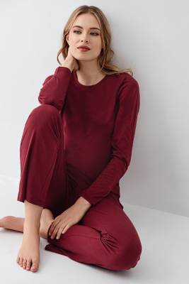 Arnetta - Kadın Bordo Uzunkol Pijama Takım, %50 Pamuk %50 Modal
