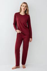 Kadın Bordo Uzunkol Pijama Takım, %50 Pamuk %50 Modal - Thumbnail