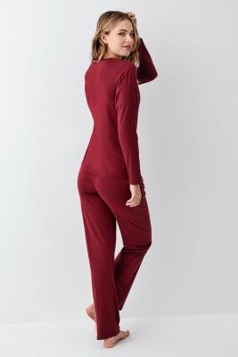Kadın Bordo Uzunkol Pijama Takım, %50 Pamuk %50 Modal  - 4