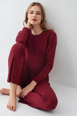 Kadın Bordo Uzunkol Pijama Takım, %50 Pamuk %50 Modal  - 1