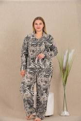Kadın Büyük Beden Düğmeli Pijama Takım, Belmando Dokuma Viskon kumaş - Thumbnail