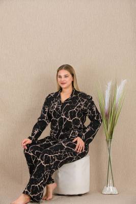 REN - Kadın Büyük Beden Düğmeli Pijama Takım, Belmando Dokuma Viskon kumaş (1)