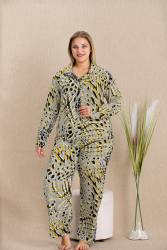Kadın Büyük Beden Düğmeli Pijama Takım, Belmando Dokuma Viskon kumaş - Thumbnail
