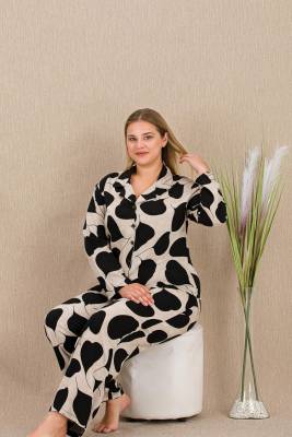 REN - Kadın Büyük Beden Düğmeli Pijama Takım, Belmando Dokuma Viskon kumaş