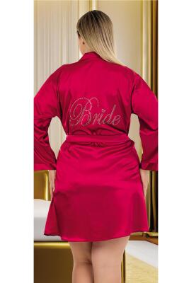 Kadın Büyük Beden Düz Renk Saten Bride Sabahlık - 4