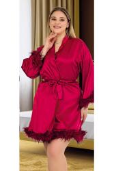 Kadın Büyük Beden Düz Renk Tüylü Saten Bride Sabahlık - 9