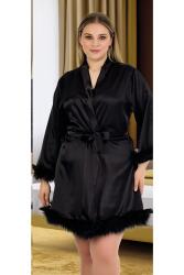 Kadın Büyük Beden Düz Renk Tüylü Saten Bride Sabahlık - 6