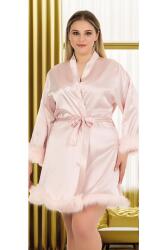 Kadın Büyük Beden Düz Renk Tüylü Saten Bride Sabahlık - 12