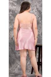 Kadın Büyük Beden Fantazi Saten Gecelik Sabahlık Takım, Dantel Detaylı Saten Gecelik Sabahlık Set - Thumbnail