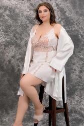 Kadın Büyük Beden Fantazi Saten Gecelik Sabahlık Takım, Dantel Detaylı Saten Gecelik Sabahlık Set - 4