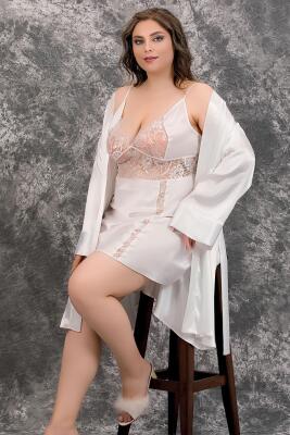 Kadın Büyük Beden Fantazi Saten Gecelik Sabahlık Takım, Dantel Detaylı Saten Gecelik Sabahlık Set - 4