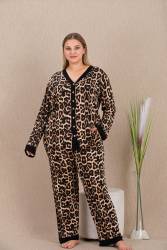 Kadın Büyük Beden Leopar Desenli Düğmeli Ev Giyim Pijama Takım, Uzun kollu, viskon kumaş - Thumbnail