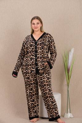 REN - Kadın Büyük Beden Leopar Desenli Düğmeli Ev Giyim Pijama Takım, Uzun kollu, viskon kumaş