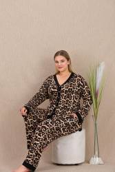 Kadın Büyük Beden Leopar Desenli Düğmeli Ev Giyim Pijama Takım, Uzun kollu, viskon kumaş - Thumbnail