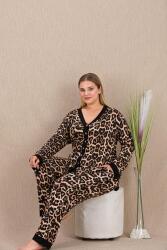Kadın Büyük Beden Leopar Desenli Düğmeli Ev Giyim Pijama Takım, Uzun kollu, viskon kumaş - 2