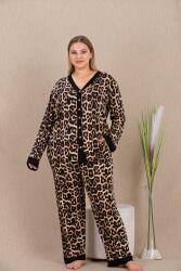 Kadın Büyük Beden Leopar Desenli Düğmeli Ev Giyim Pijama Takım, Uzun kollu, viskon kumaş - 1