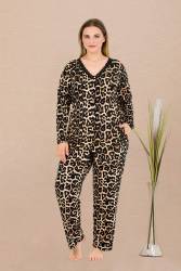 Kadın Büyük Beden Leopar Desenli Ev Giyim Pijama Takım, Uzun kollu, Boydan Düğmeli, viskon kumaş - Thumbnail