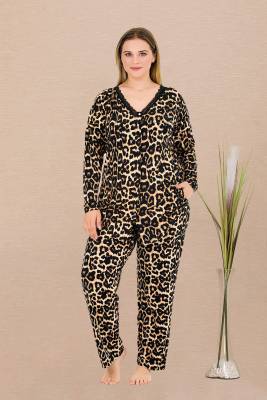 REN - Kadın Büyük Beden Leopar Desenli Ev Giyim Pijama Takım, Uzun kollu, Boydan Düğmeli, viskon kumaş