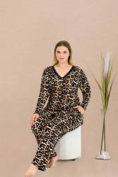 Kadın Büyük Beden Leopar Desenli Ev Giyim Pijama Takım, Uzun kollu, Boydan Düğmeli, viskon kumaş - Thumbnail