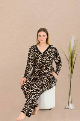 REN - Kadın Büyük Beden Leopar Desenli Ev Giyim Pijama Takım, Uzun kollu, Boydan Düğmeli, viskon kumaş (1)