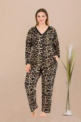 Kadın Büyük Beden Leopar Desenli Ev Giyim Pijama Takım, Uzun kollu, Boydan Düğmeli, viskon kumaş - 1