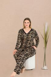 Kadın Büyük Beden Leopar Desenli Ev Giyim Pijama Takım, Uzun kollu, Boydan Düğmeli, viskon kumaş - 2