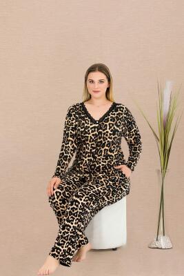 Kadın Büyük Beden Leopar Desenli Ev Giyim Pijama Takım, Uzun kollu, Boydan Düğmeli, viskon kumaş - 2