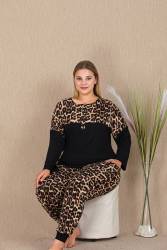 Kadın Büyük Beden Leopar Desenli Ev Giyim Pijama Takım, Uzun kollu, Dar Paça, viskon kumaş - Thumbnail