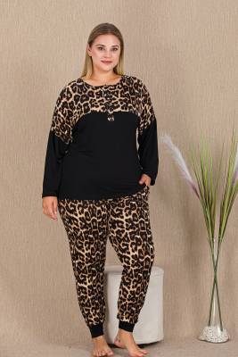 REN - Kadın Büyük Beden Leopar Desenli Ev Giyim Pijama Takım, Uzun kollu, Dar Paça, viskon kumaş (1)