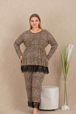Kadın Büyük Beden Leopar Desenli Ev Giyim Pijama Takım, Uzun kollu, viskon kumaş - 2