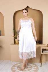 Kadın Büyük Beden Saten Gecelik Sabahlık Takım, Dantel Detaylı Saten Gecelik Sabahlık Set - Thumbnail