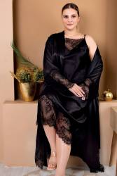 Kadın Büyük Beden Saten Gecelik Sabahlık Takım, Dantel Detaylı Saten Gecelik Sabahlık Set - Thumbnail