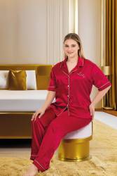 Kadın Büyük Beden Saten Pijama Takım, Boydan Düğmeli Saten Pijama Takım - Thumbnail