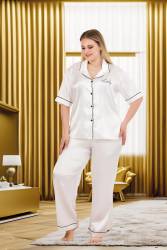 Kadın Büyük Beden Saten Pijama Takım, Boydan Düğmeli Saten Pijama Takım - Thumbnail