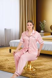 Kadın Büyük Beden Saten Pijama Takım, Boydan Düğmeli Saten Pijama Takım - 8